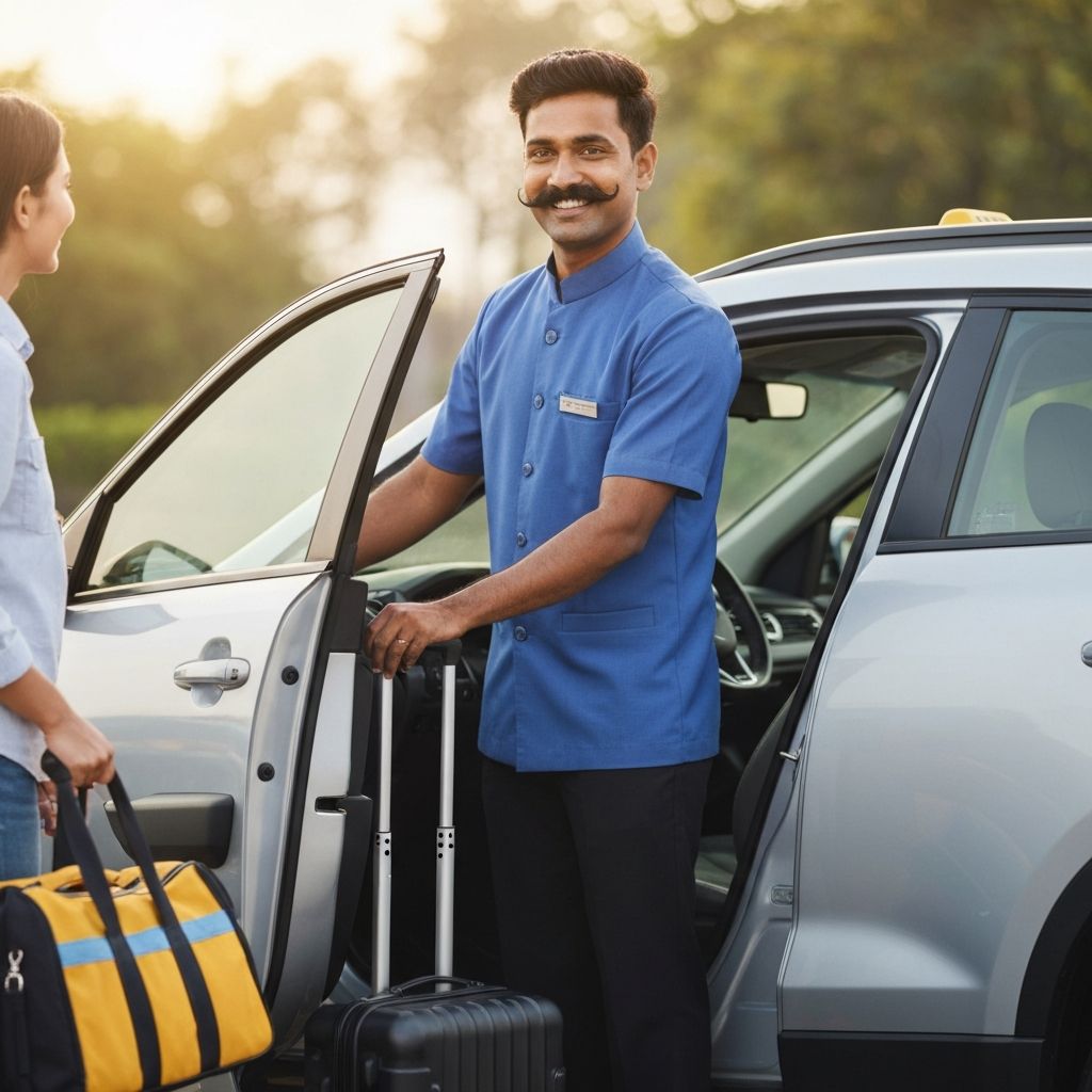 Professional taxi driver helping passenger with luggage